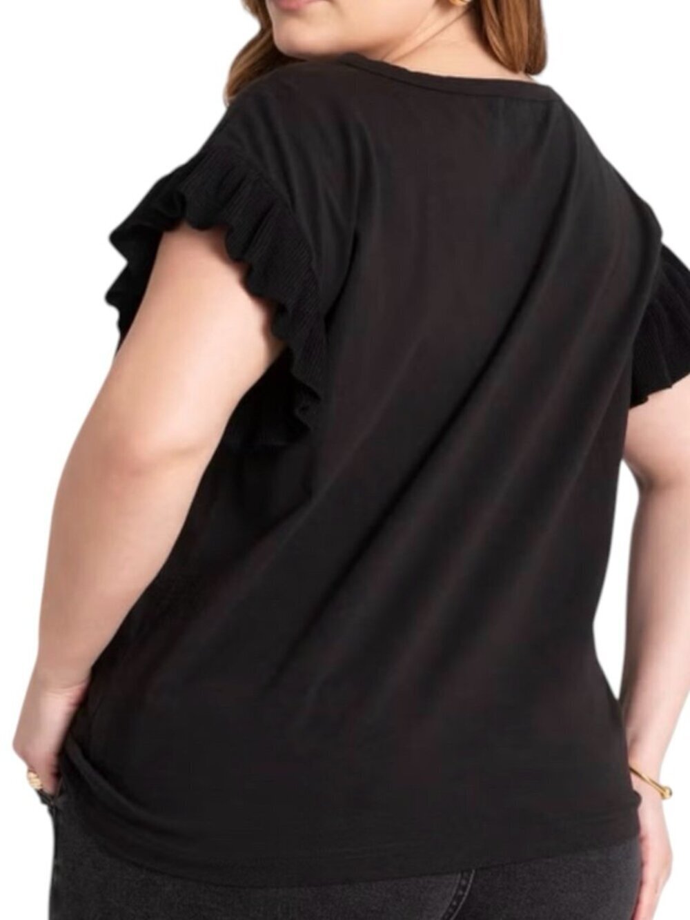 Eloquii Women's Black Ruffle Sleeve Tee Top Size 18/20 Cotton Blend Stretch NWT - Picture 3 of 10